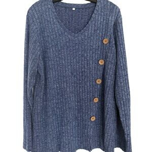 Blue Ribbed Sweater with Button Detail